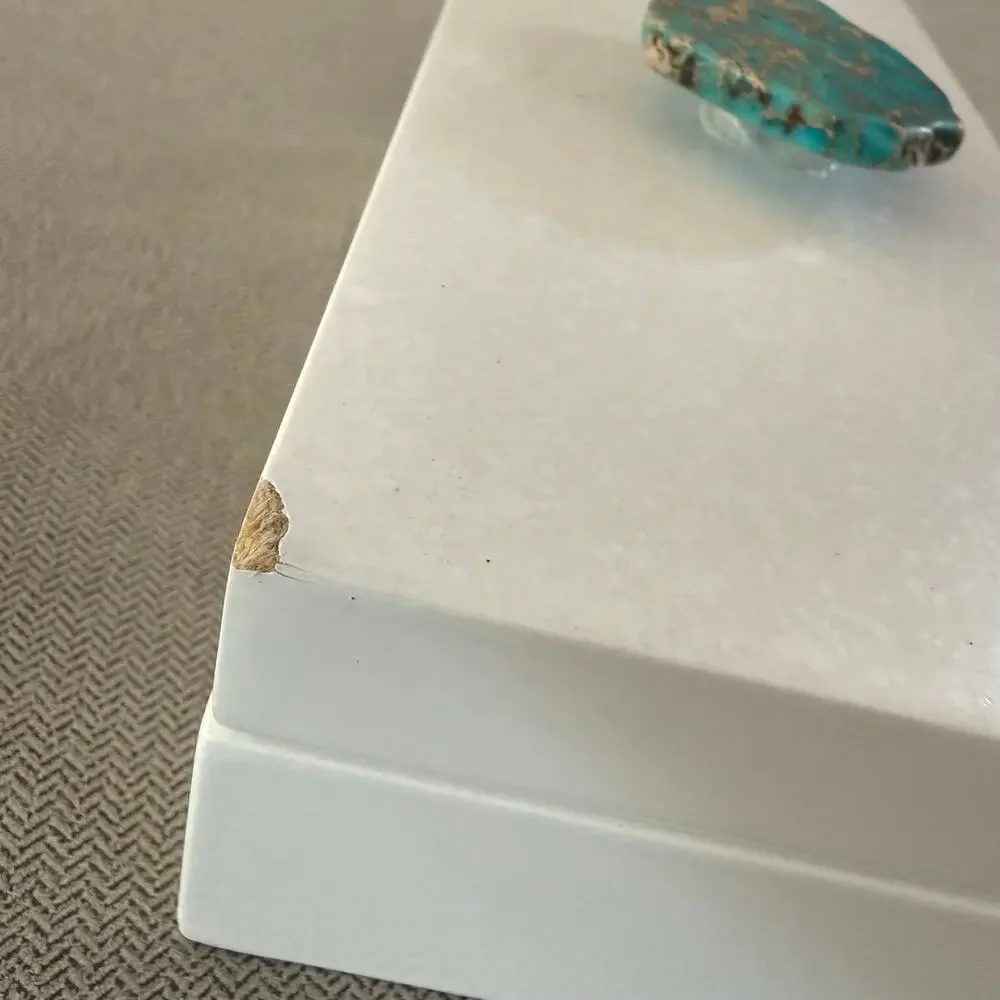 White Marble Trinket Box w Turquoise Stone Lid Jewelry Keepsake Box Decor